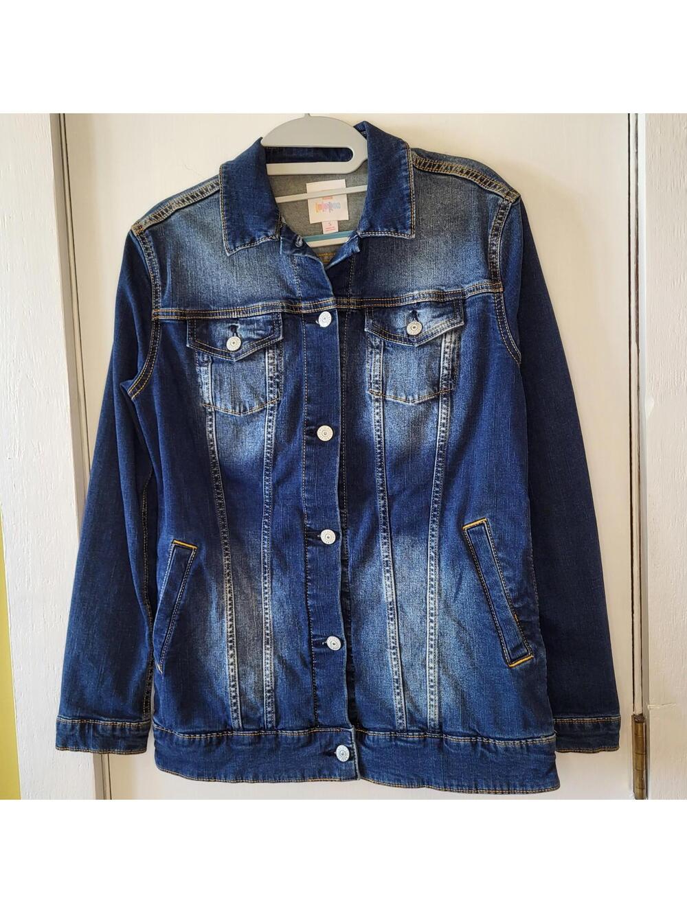 LuLaRoe Jaxon denim jacket Dark blue denim with distressed appeal women's Small